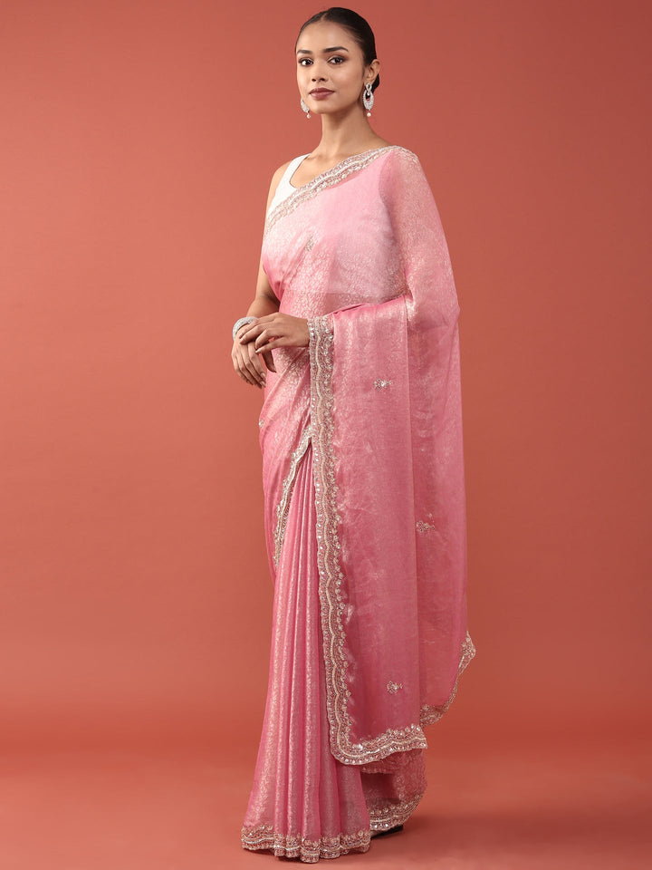 Onion Pink Jacquard Zari Embroidery Saree