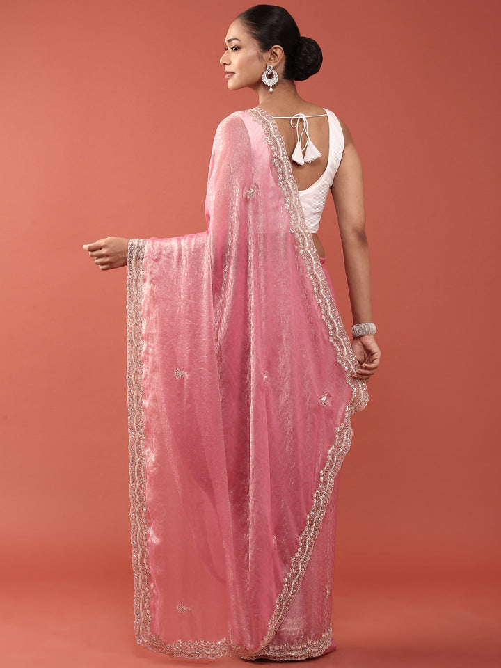 Neerus Pink Jacquard Embroidered Saree - side view