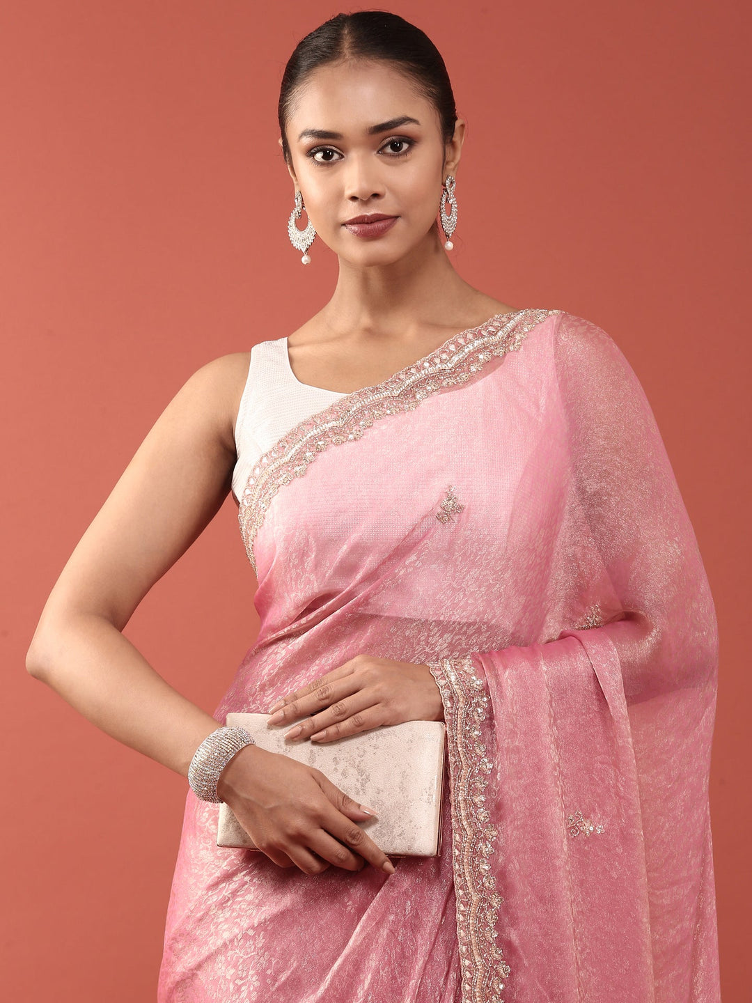 Neerus Pink Jacquard Embroidered Saree - back view