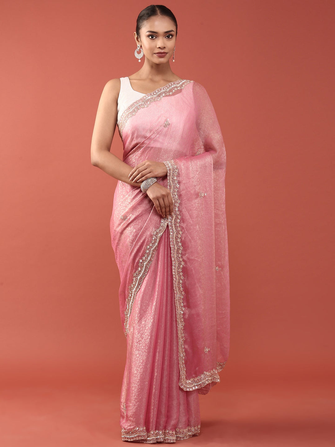 Neerus Pink Jacquard Embroidered Saree - front view