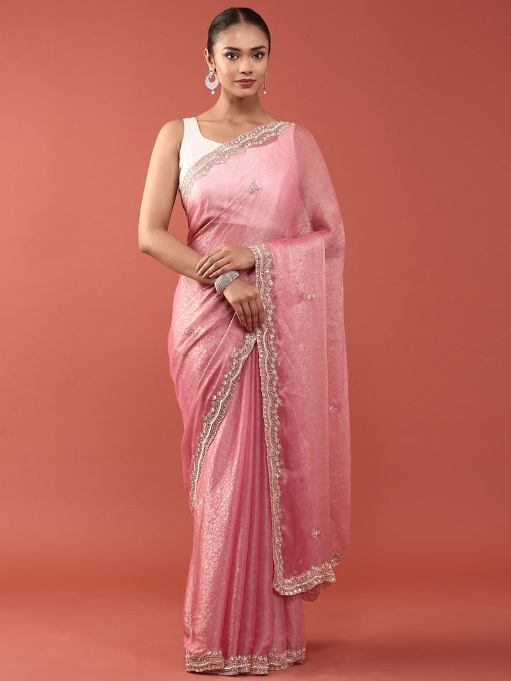 Neerus Pink Jacquard Embroidered Saree - front view