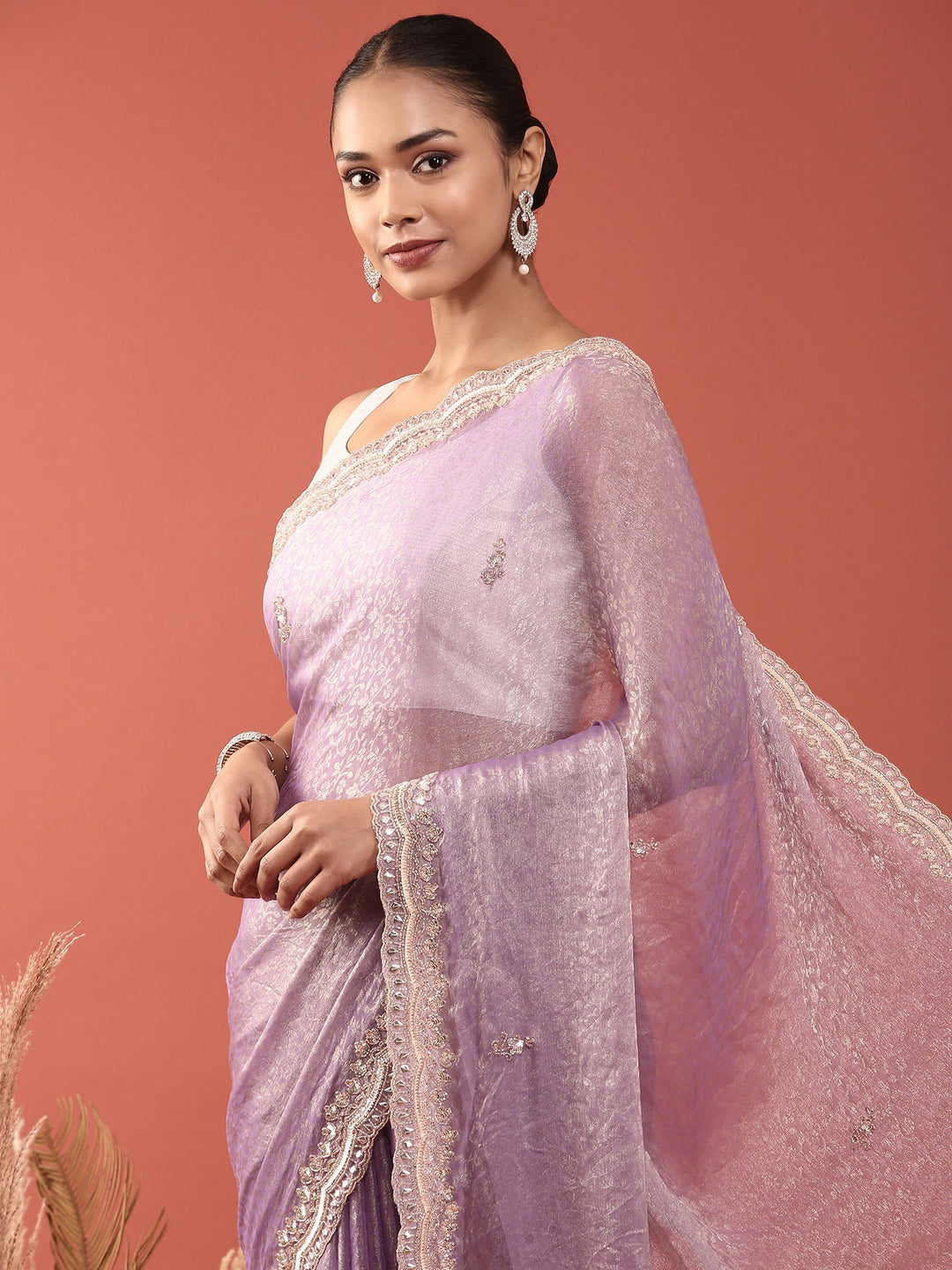 Neerus Purple Jacquard Embroidered Saree - side view