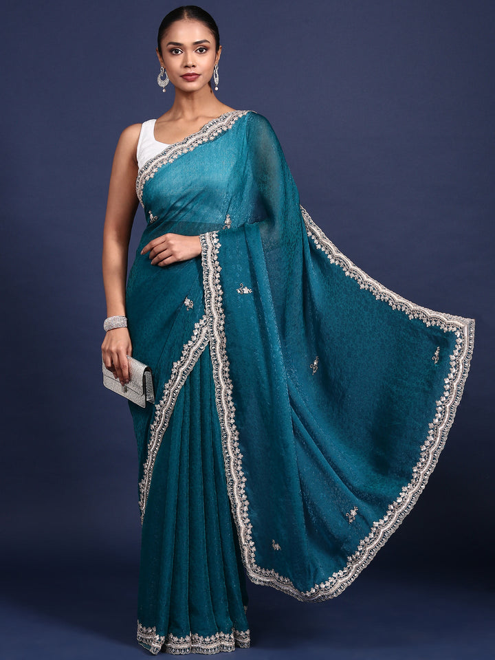 Neerus Green Jacquard Embroidered Saree - front view
