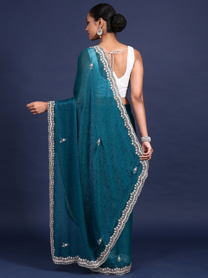 Neerus Green Jacquard Embroidered Saree - back view