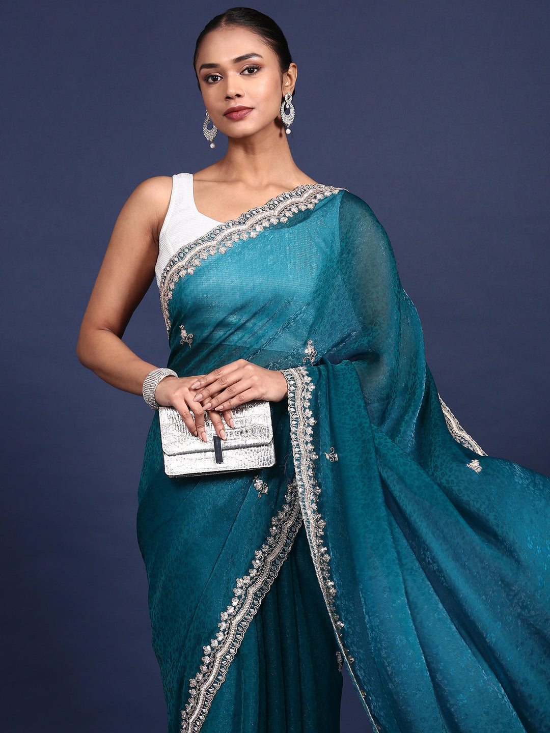Neerus Green Jacquard Embroidered Saree - side view