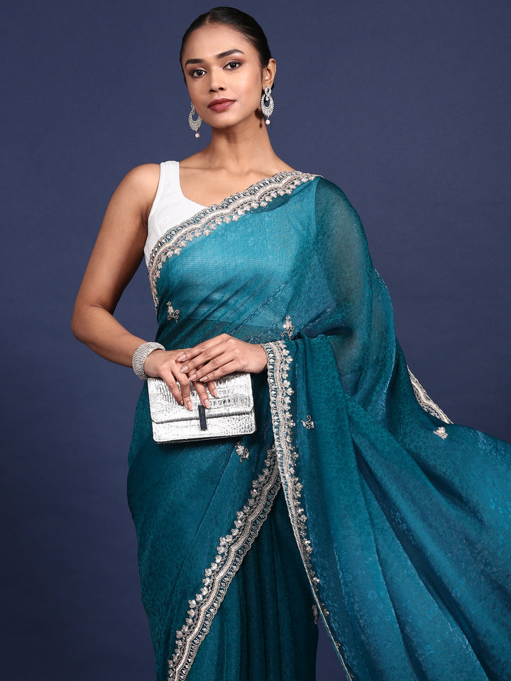 Neerus Green Jacquard Embroidered Saree - side view