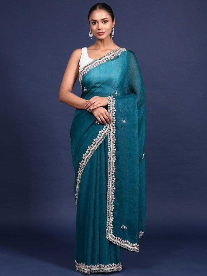 Rama Green Jacquard Zari Embroidery Saree