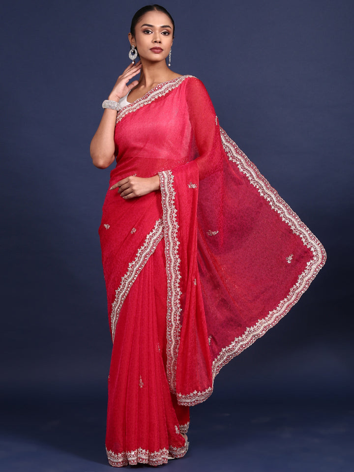 Rani Pink Jacquard Zari Embroidery Saree