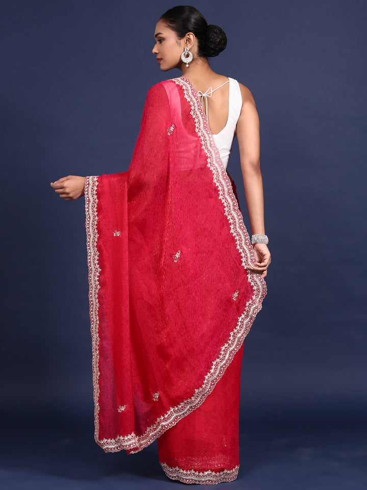 Neerus Pink Jacquard Embroidered Saree - back view