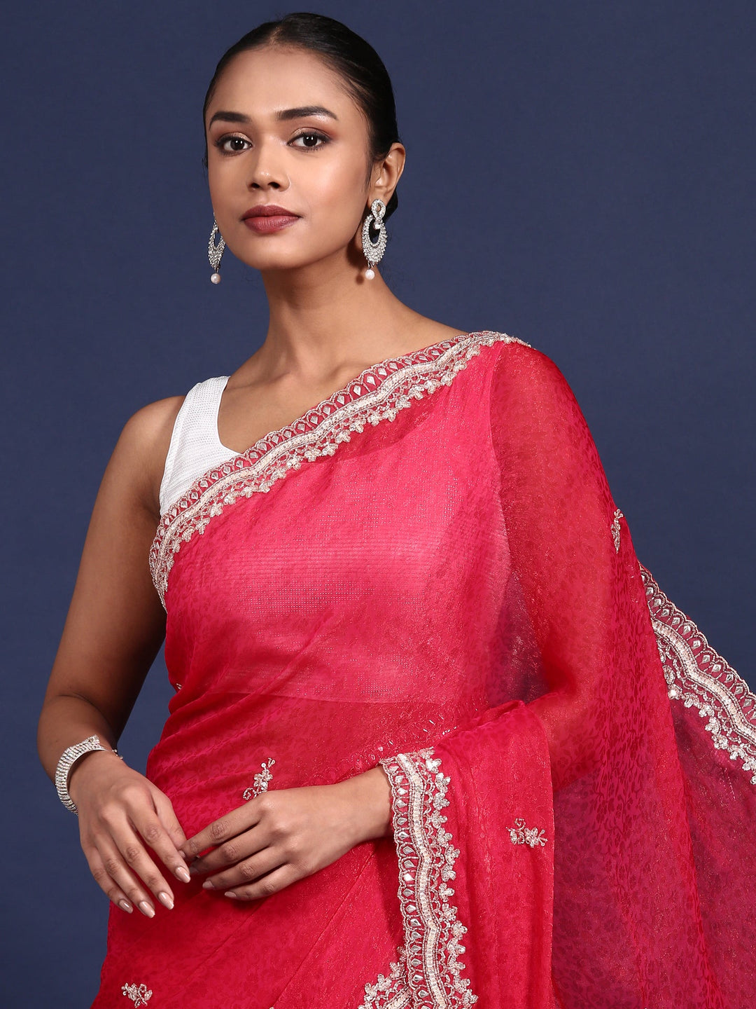 Neerus Pink Jacquard Embroidered Saree - side view