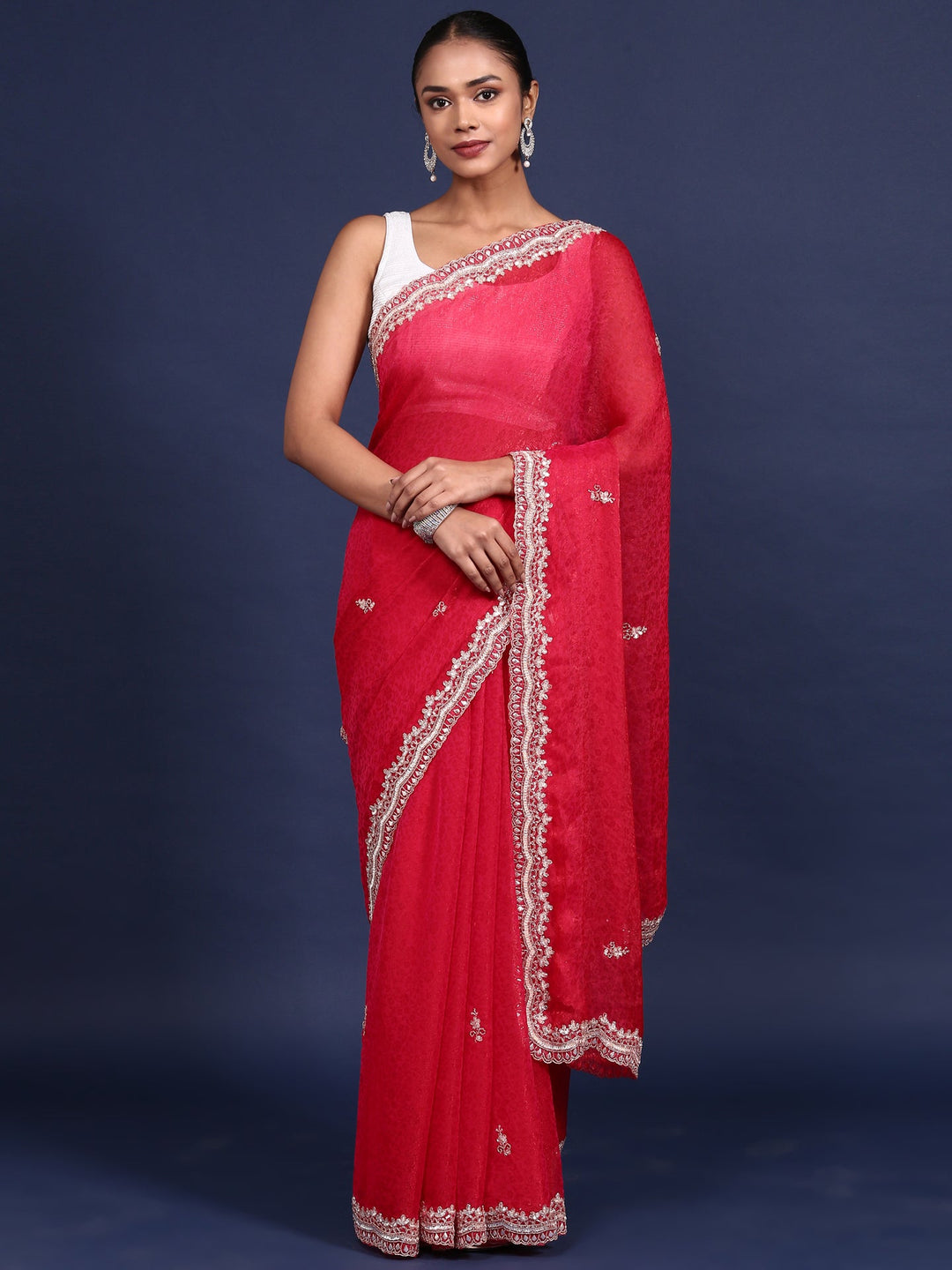 Neerus Pink Jacquard Embroidered Saree - front view