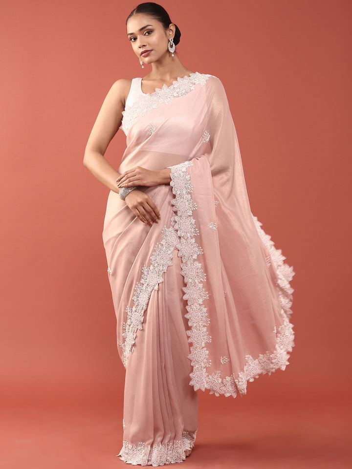 Pink Organza Stone And Thread Embroidery Saree