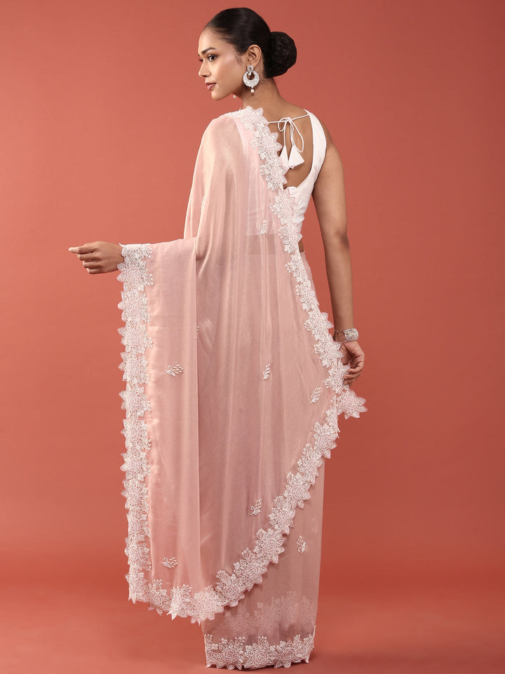 Pink Organza Stone And Thread Embroidery Saree