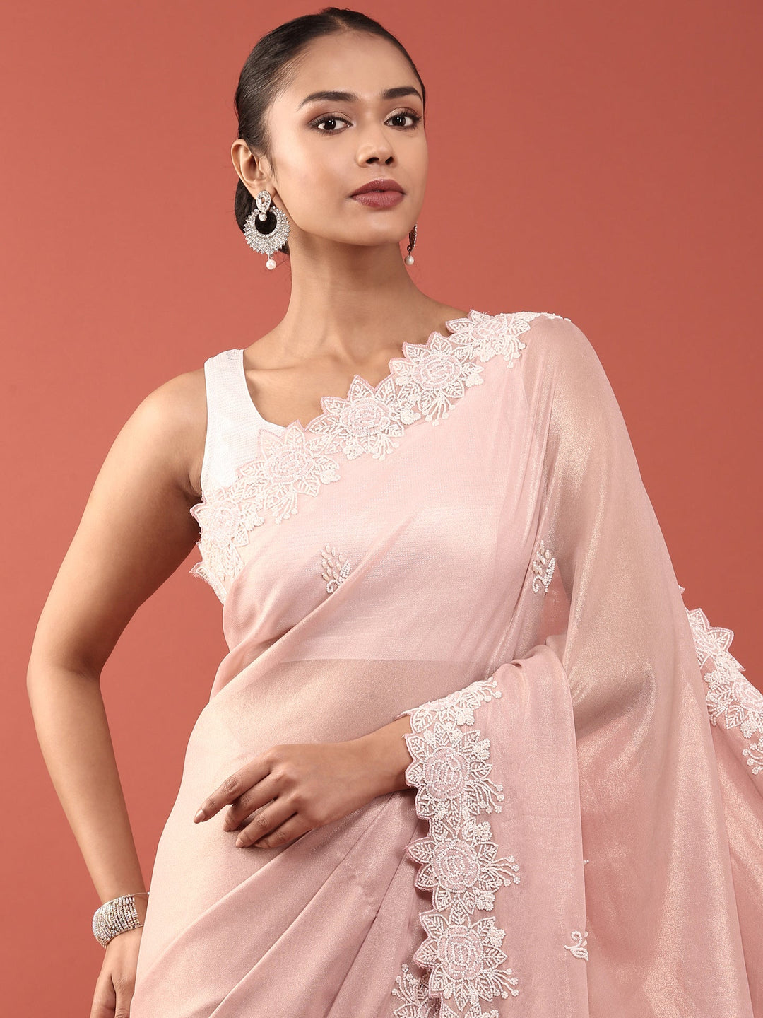 Neerus Pink organza embellished saree - back view