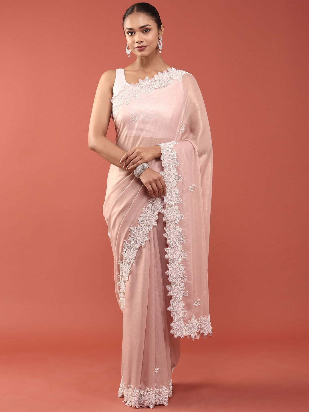 Neerus Pink organza embellished saree - front view