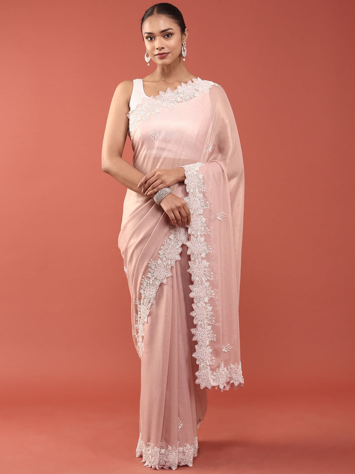 Neerus Pink organza embellished saree - front view