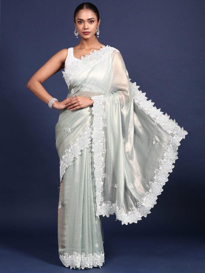 Neerus Green organza embellished saree - front view