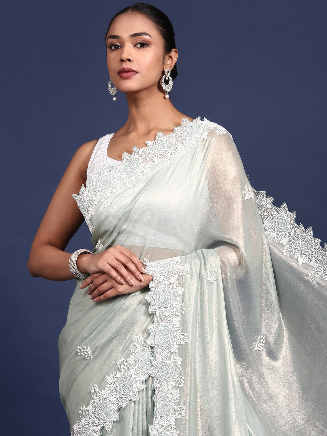 Neerus Green organza embellished saree - back view