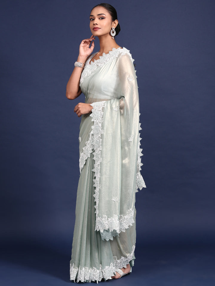 Sea Green Organza Stone And Thread Embroidery Saree