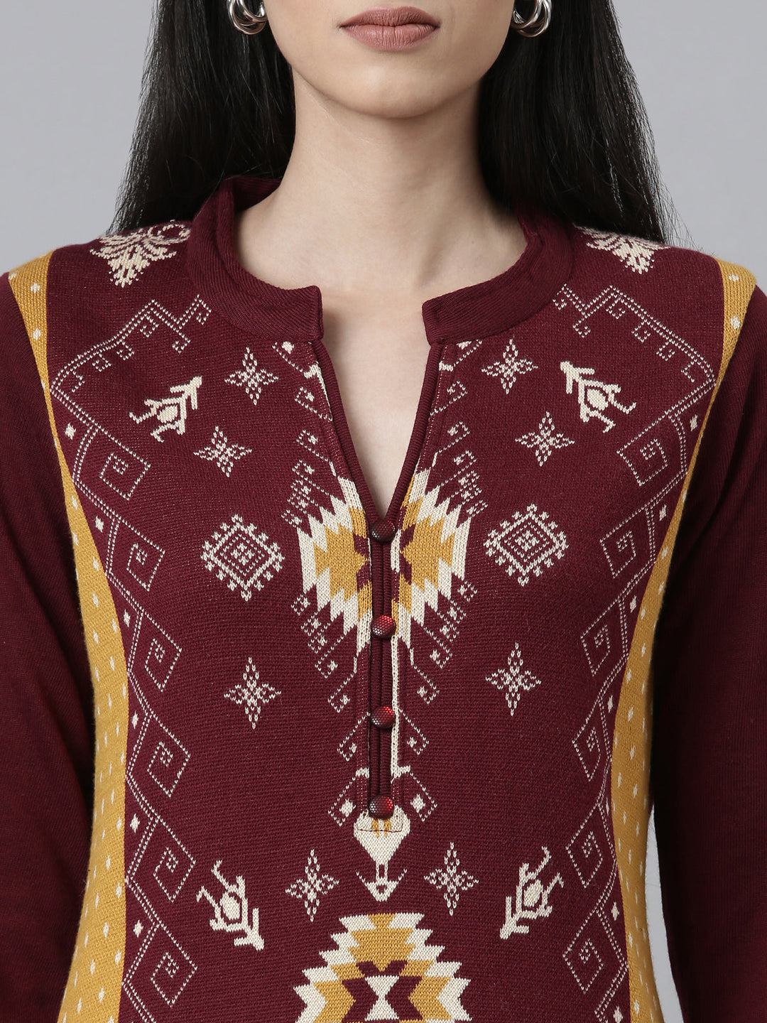 Neerus Maroon wool straight kurti - detail view 2