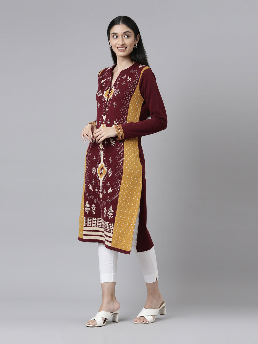 Neerus Maroon wool straight kurti - back view
