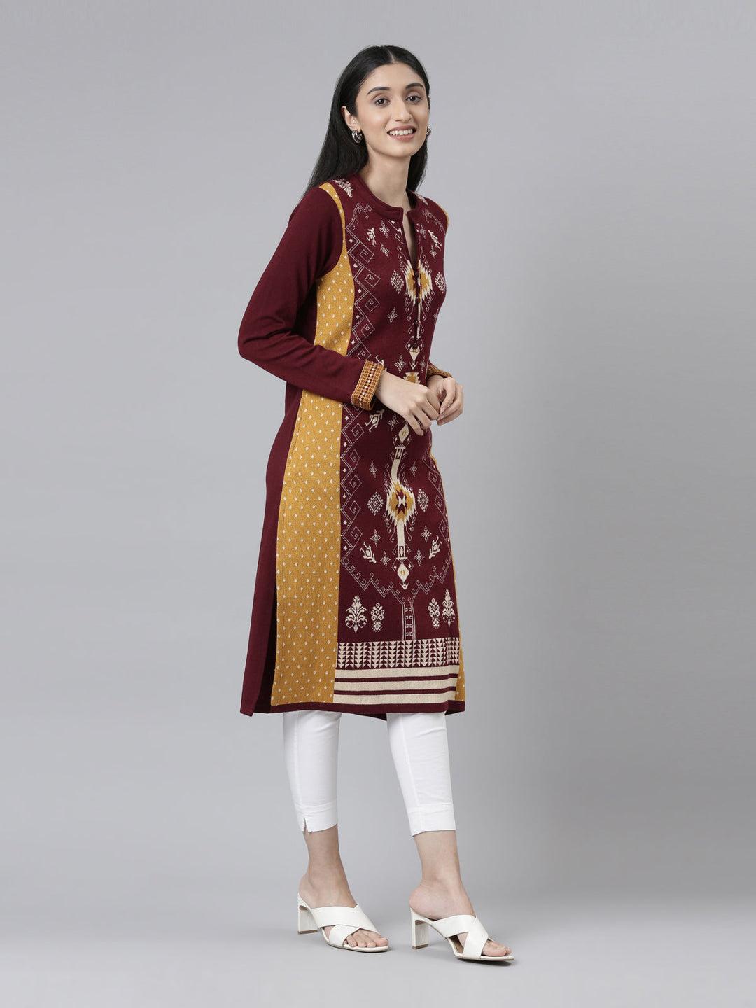 Neerus Maroon wool straight kurti - side view