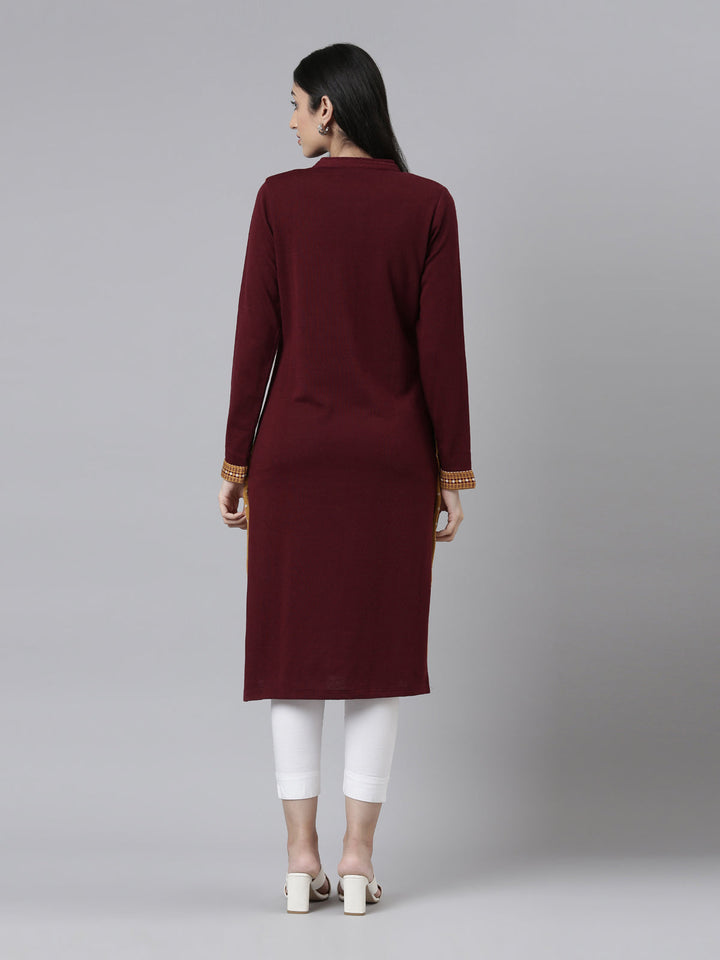 Neerus Maroon wool straight kurti - detail view 1