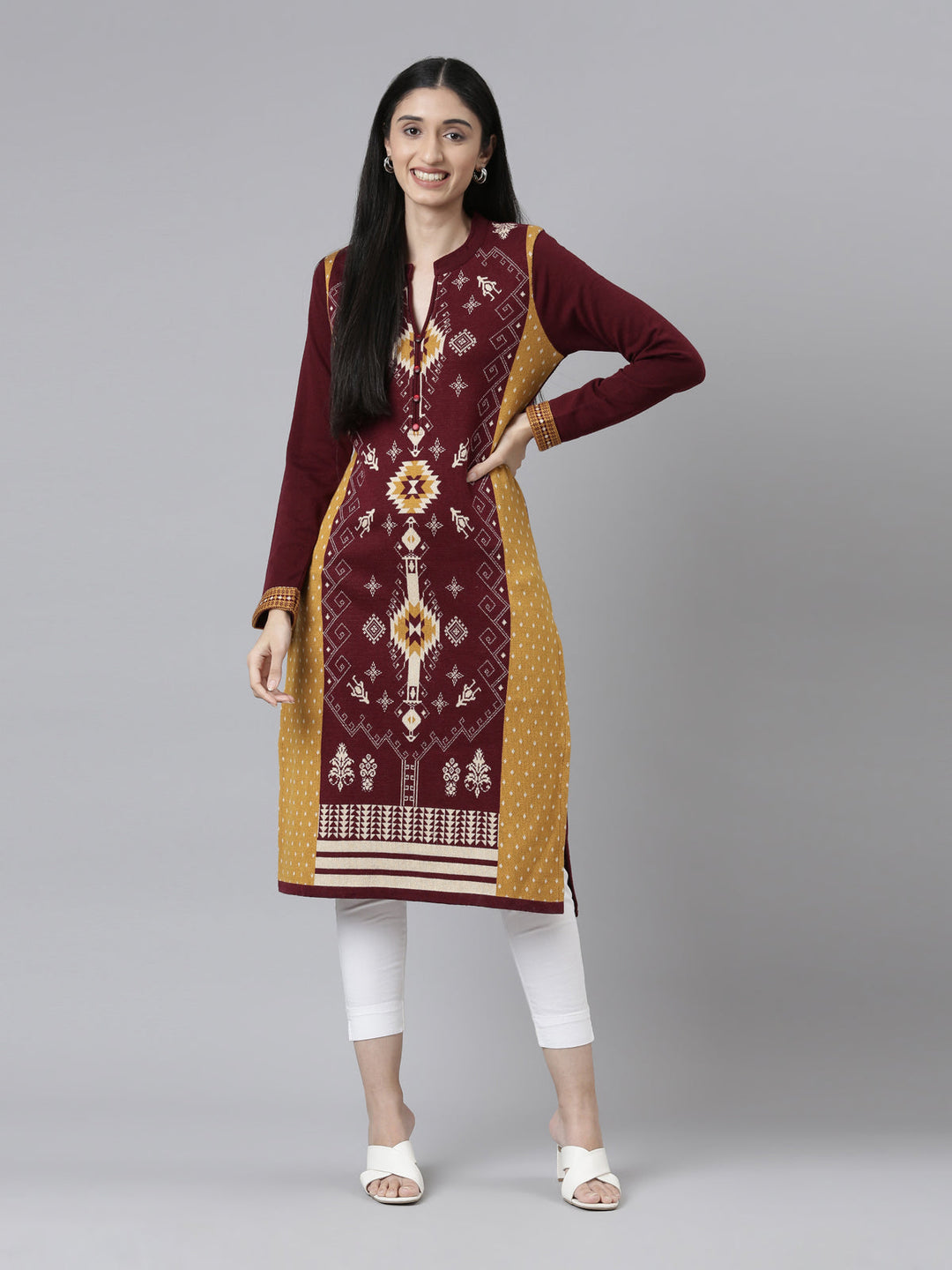 Neerus Maroon wool straight kurti - front view