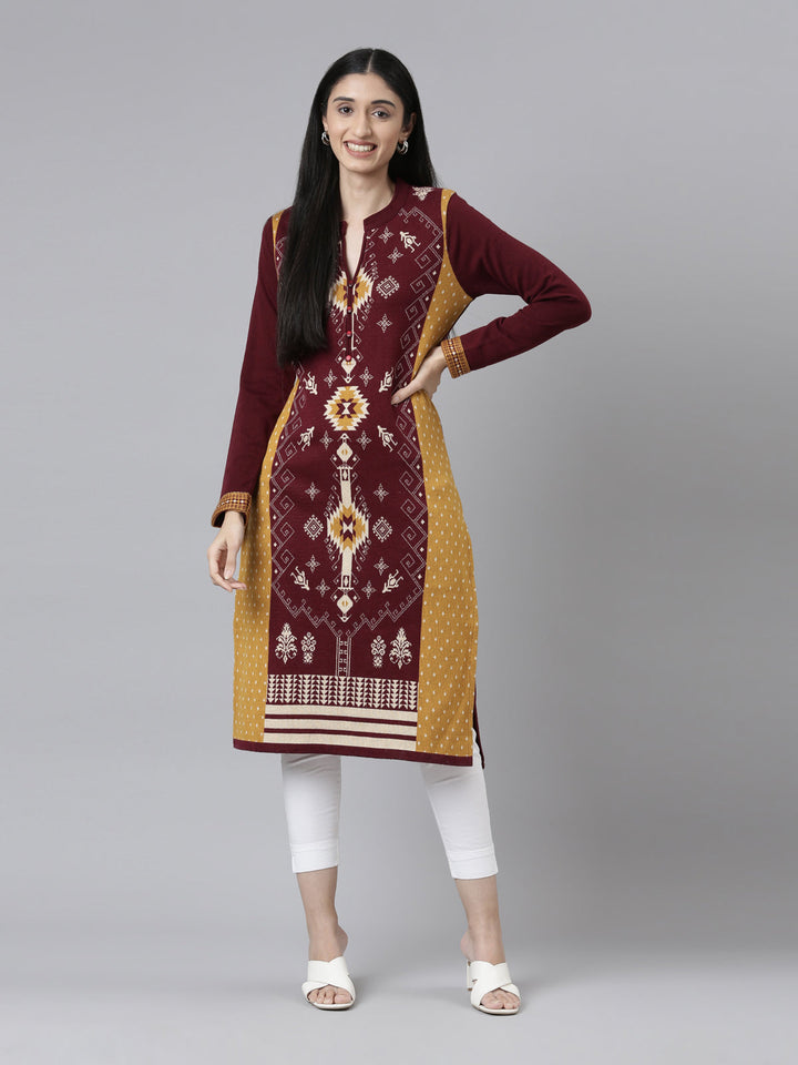 Neerus Maroon wool straight kurti - front view