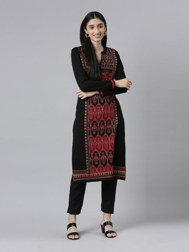 Neerus Acrylic woven ethnic motif kurta band collar - front view