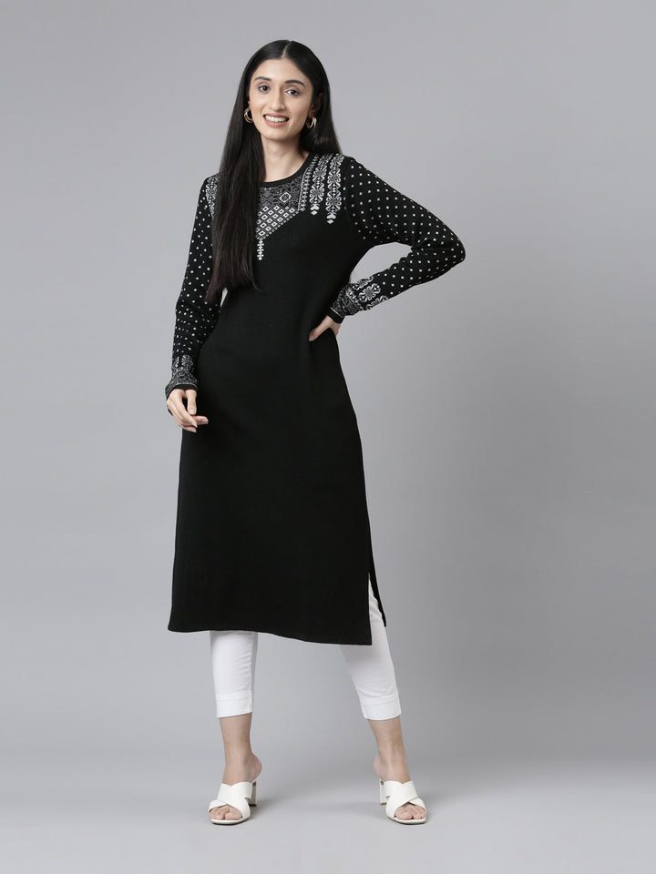 Neerus Acrylic embroidered straight kurti with yoke design - front view