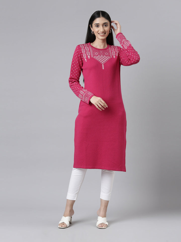 Neerus Acrylic embroidered straight kurti - front view