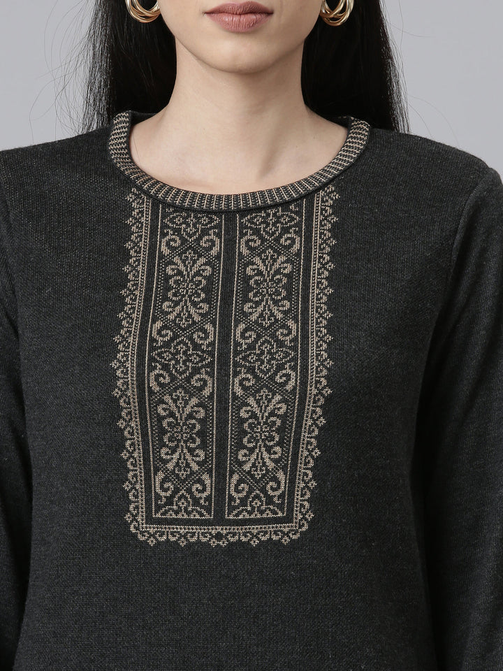 Neerus Grey acrylic woven straight kurti - detail view 1