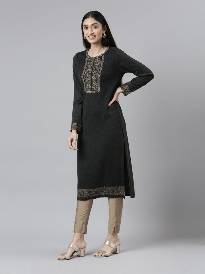 Neerus Grey acrylic woven straight kurti - front view