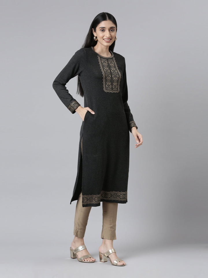 Neerus Grey acrylic woven straight kurti - back view