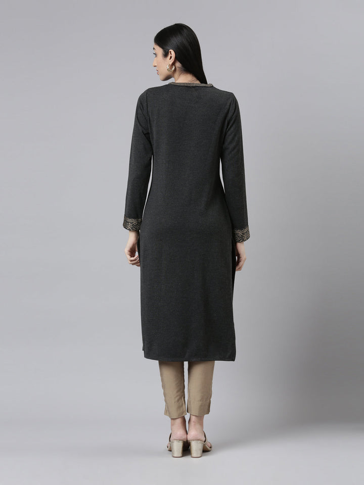 Neerus Grey acrylic woven straight kurti - side view