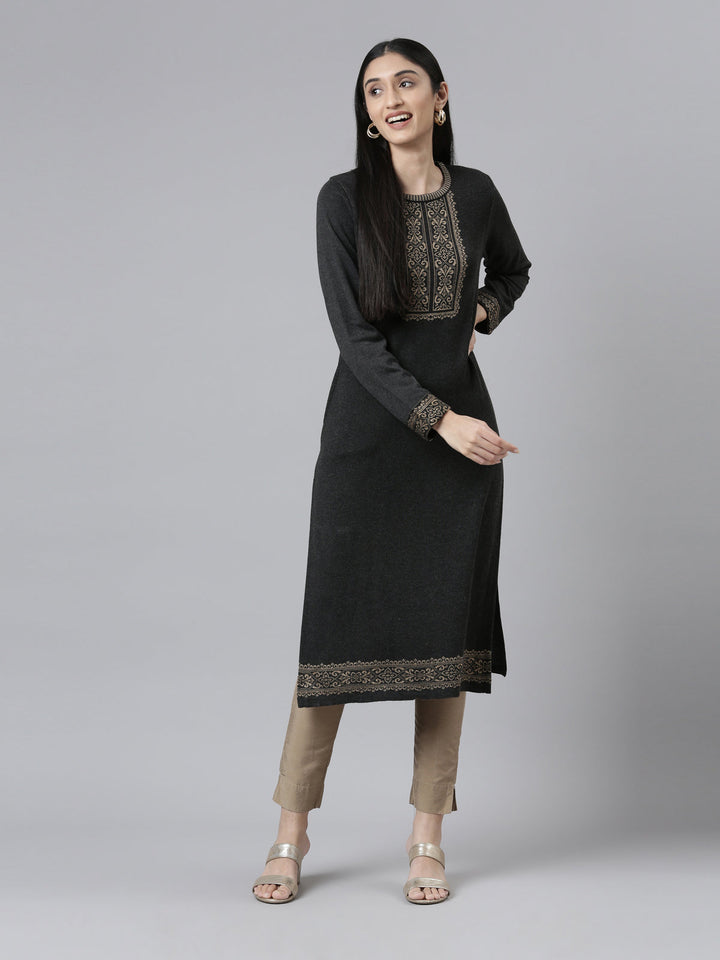 Neerus Grey acrylic woven straight kurti - detail view 2