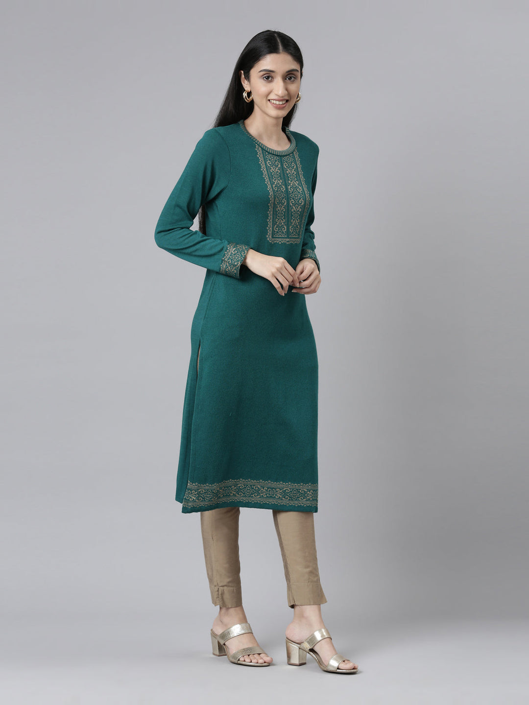 Neerus Acrylic woven straight kurti - front view