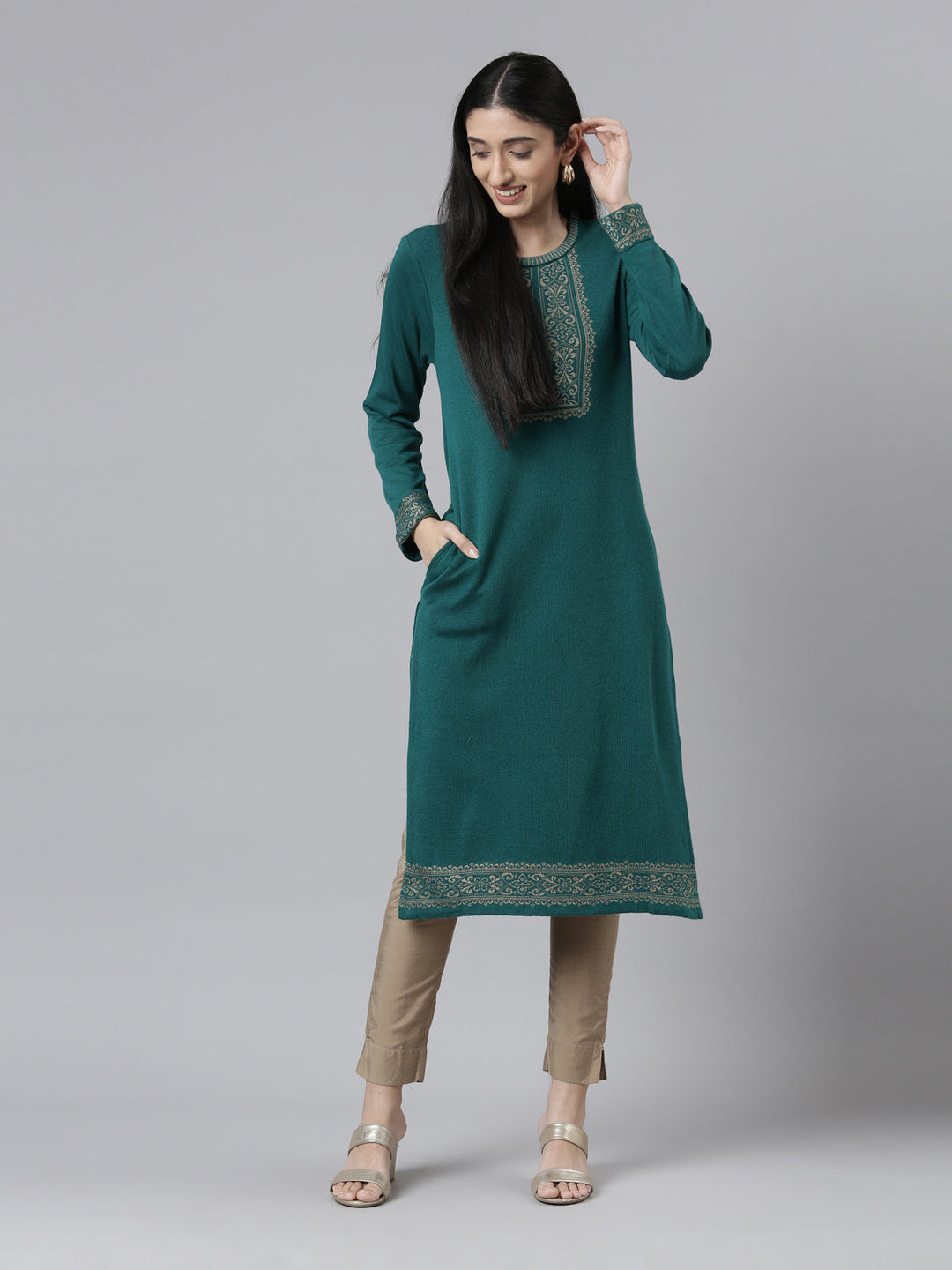 Neerus Acrylic woven straight kurti - detail view 2
