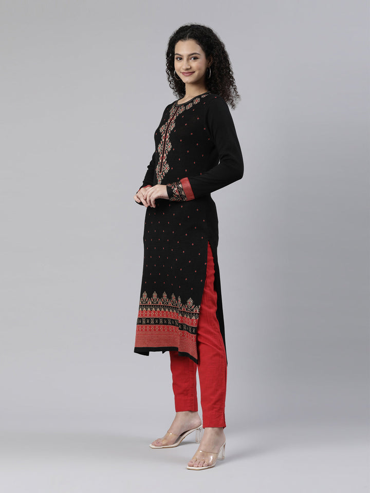 Neerus Black acrylic ethnic woven kurti - back view