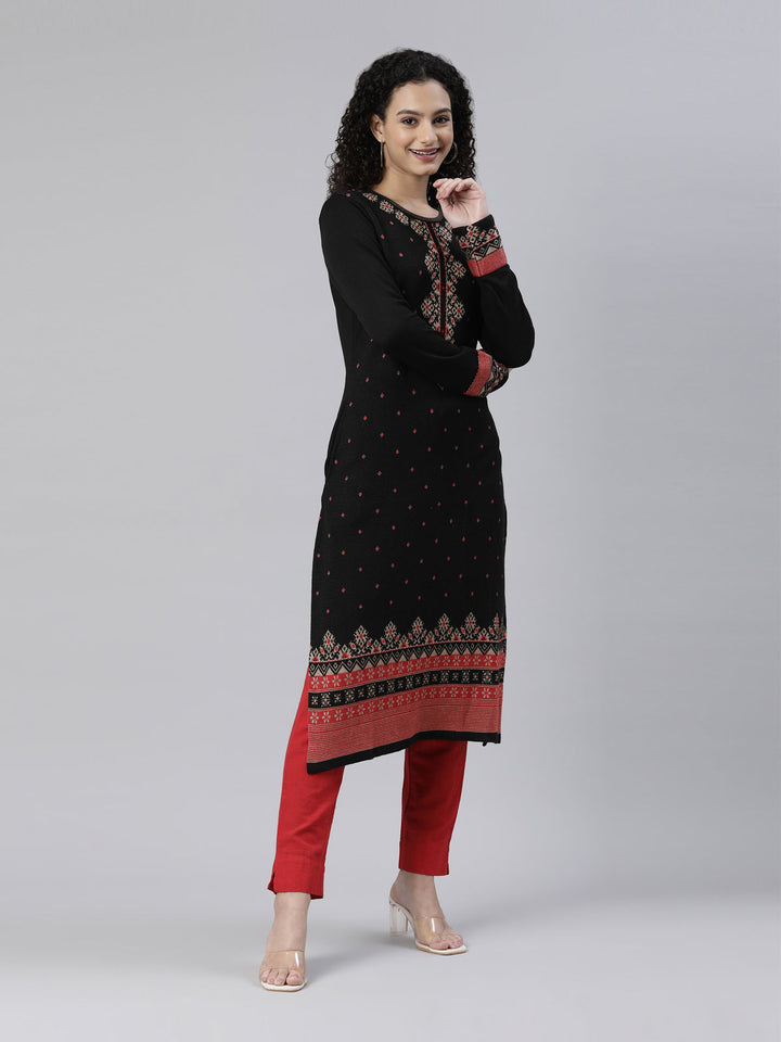 Neerus Black acrylic ethnic woven kurti - detail view 2