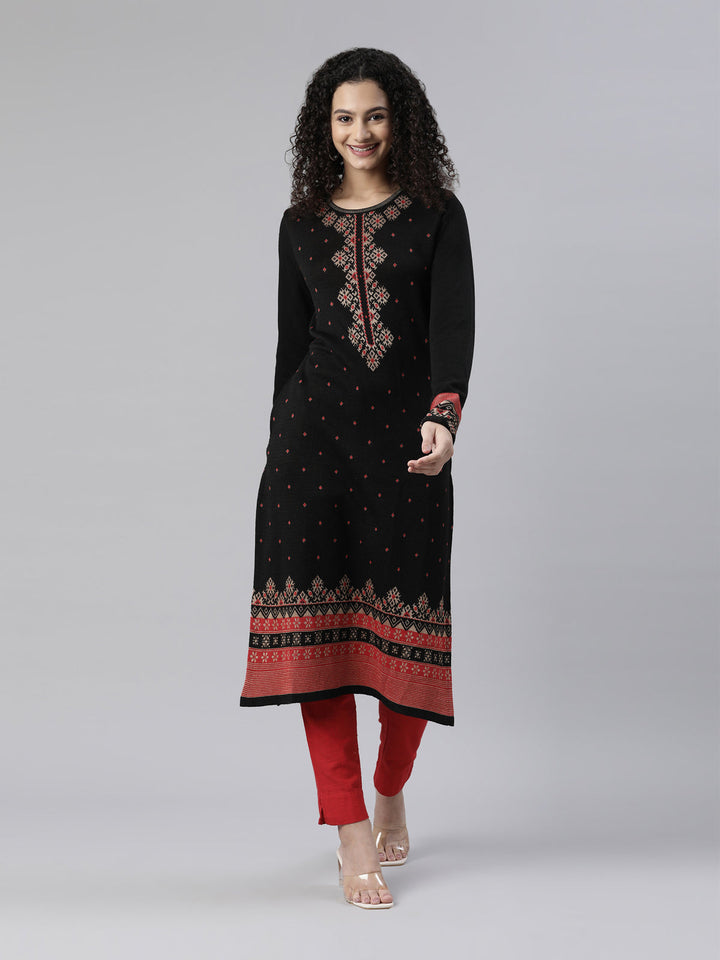 Neerus Black acrylic ethnic woven kurti - front view