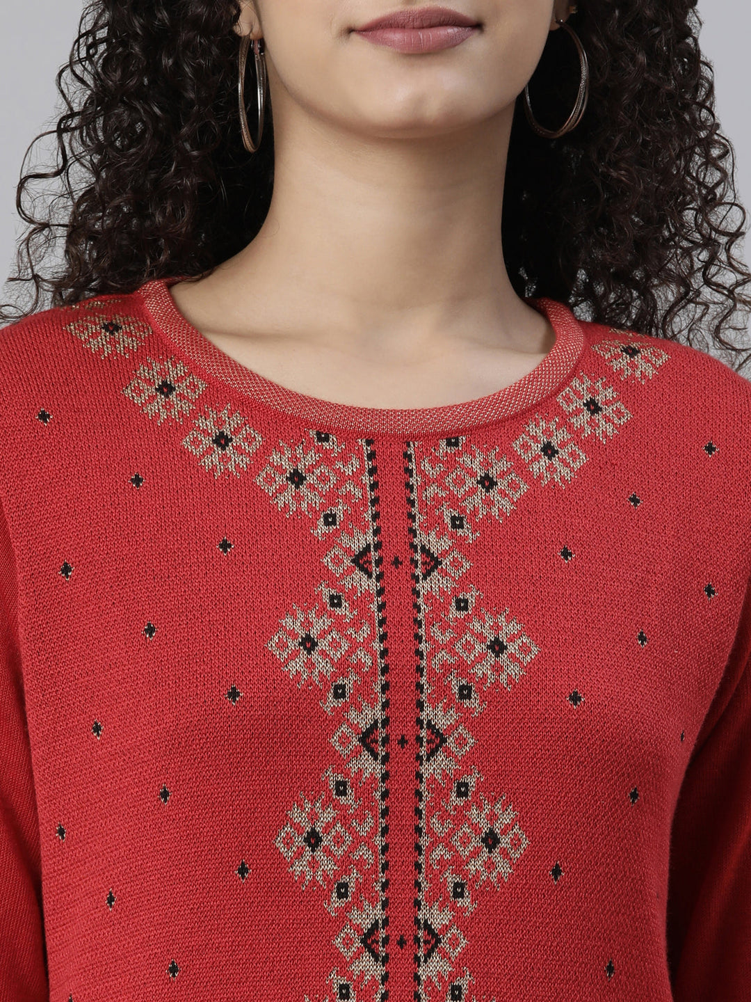 Neerus Red acrylic woven ethnic kurti - detail view 1