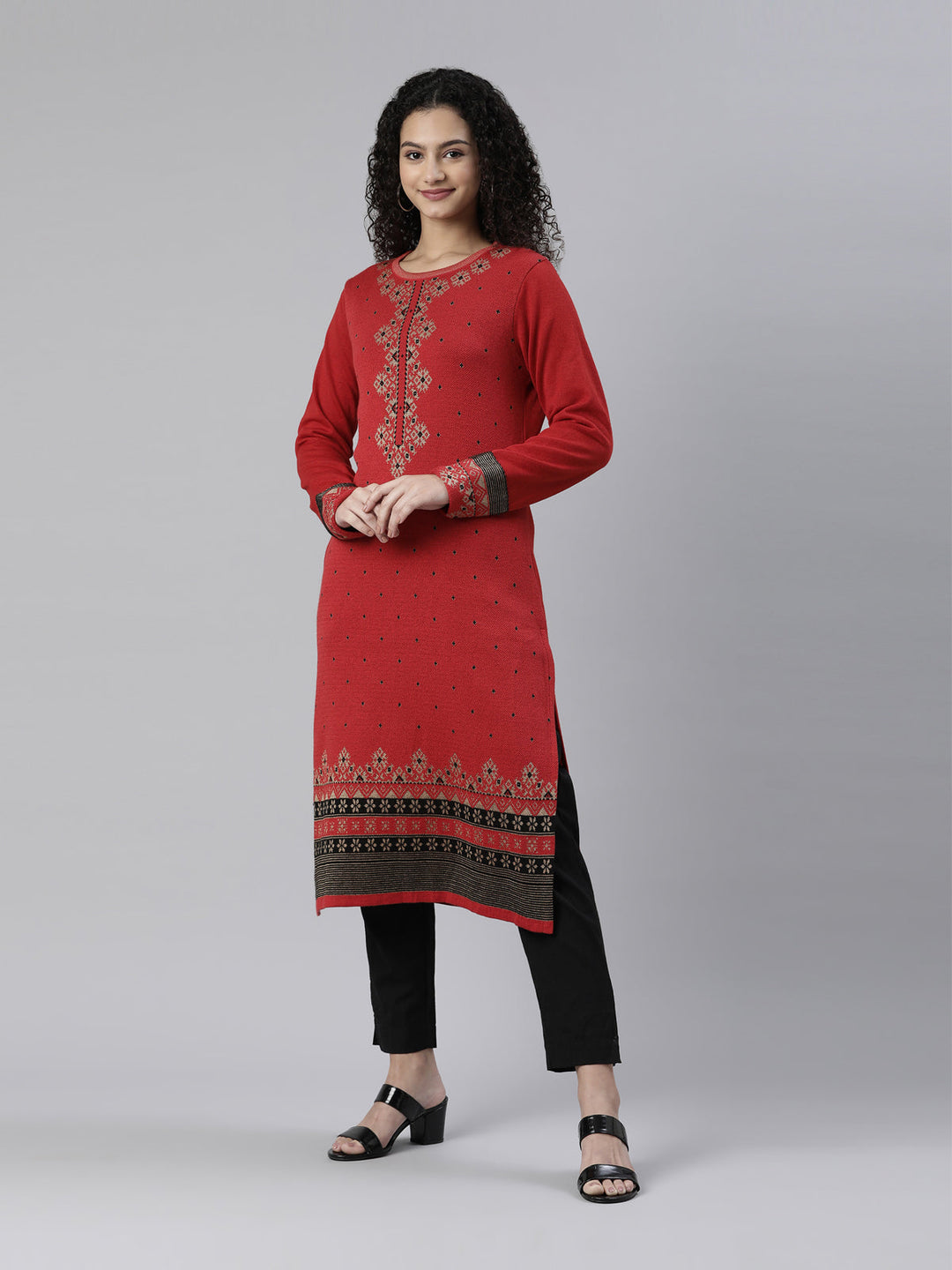 Neerus Red acrylic woven ethnic kurti - back view