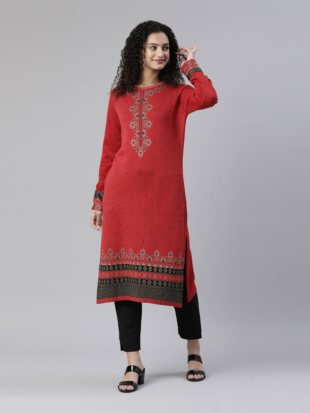 Neerus Red acrylic woven ethnic kurti - front view
