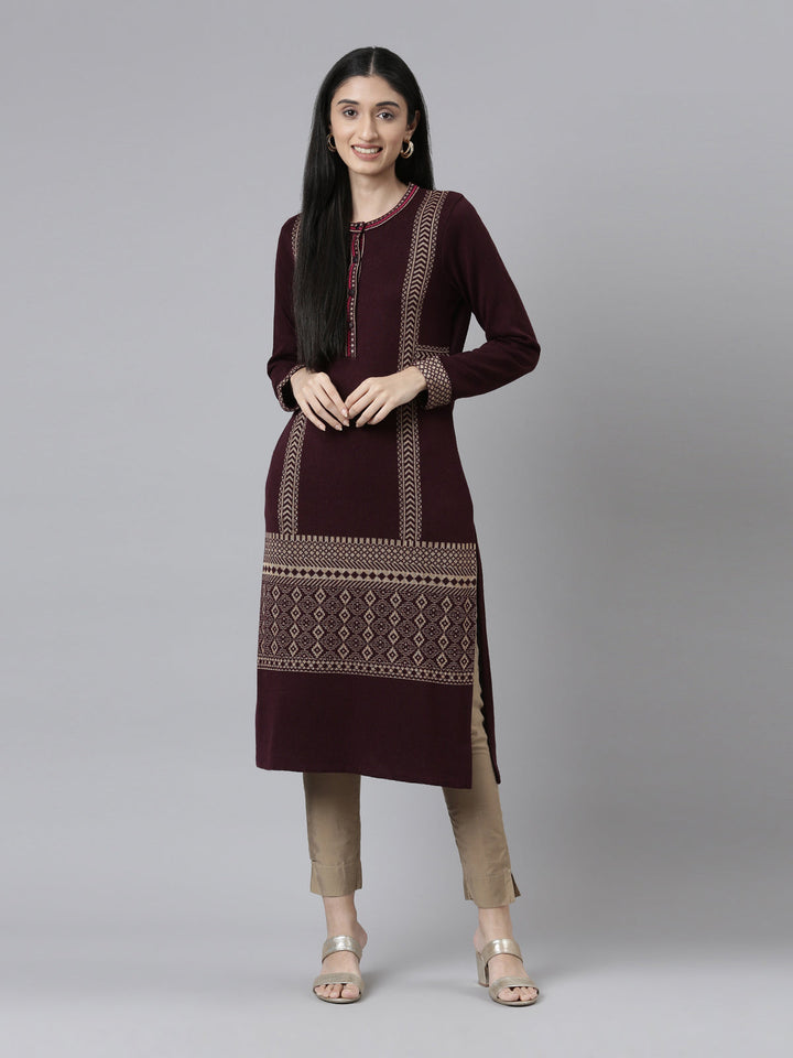 Neerus Woven acrylic straight kurti - front view