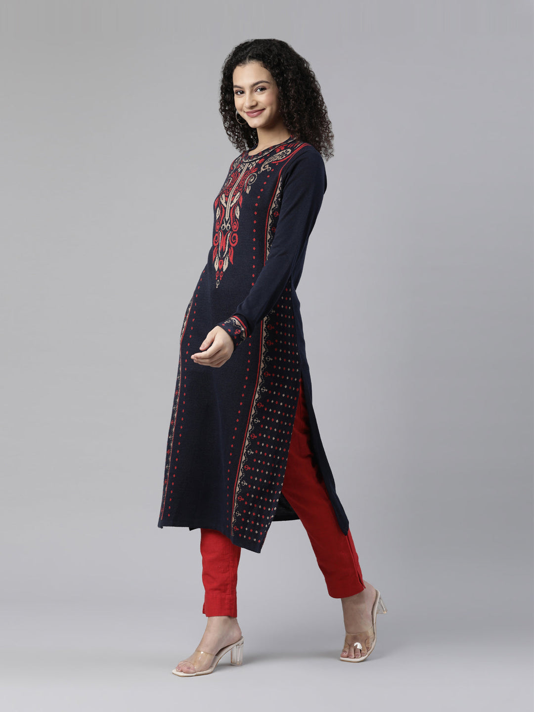 Neerus Blue acrylic woven kurti with ethnic motifs - back view