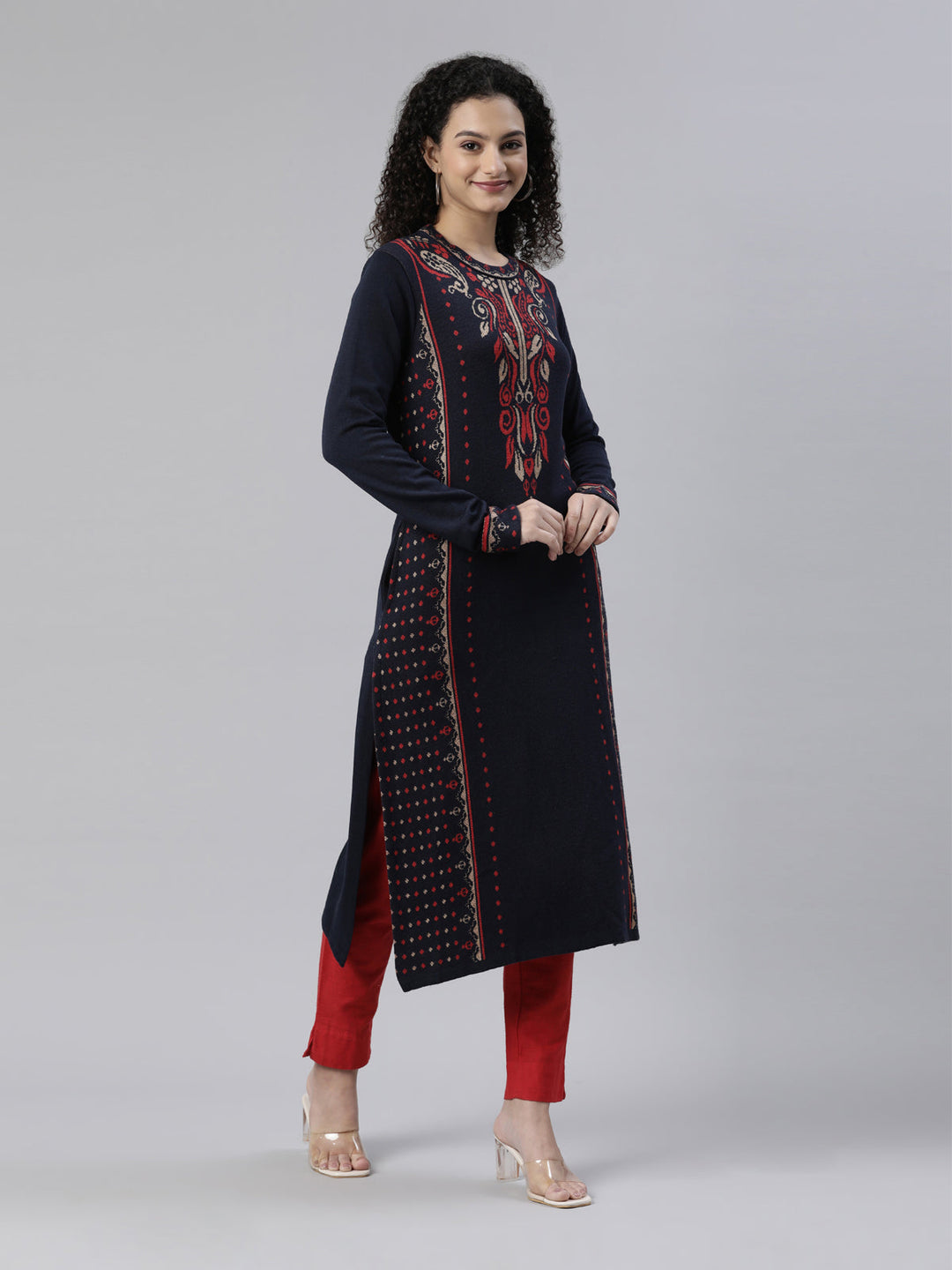 Neerus Blue acrylic woven kurti with ethnic motifs - detail view 2