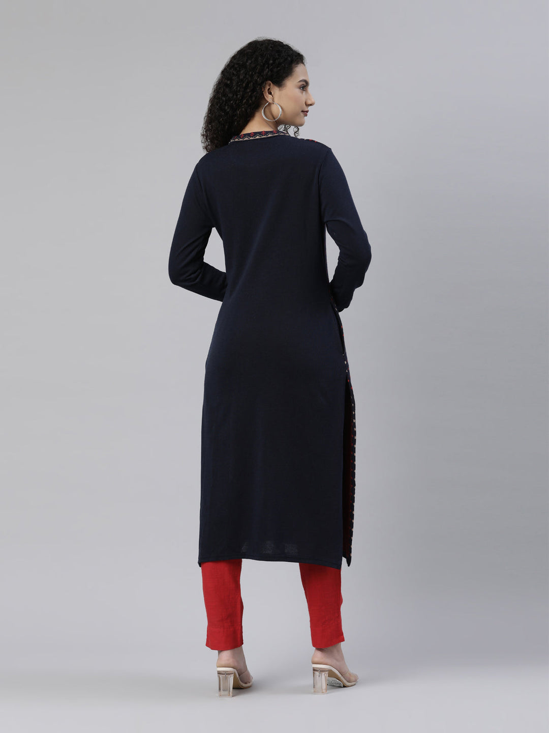 Neerus Blue acrylic woven kurti with ethnic motifs - side view