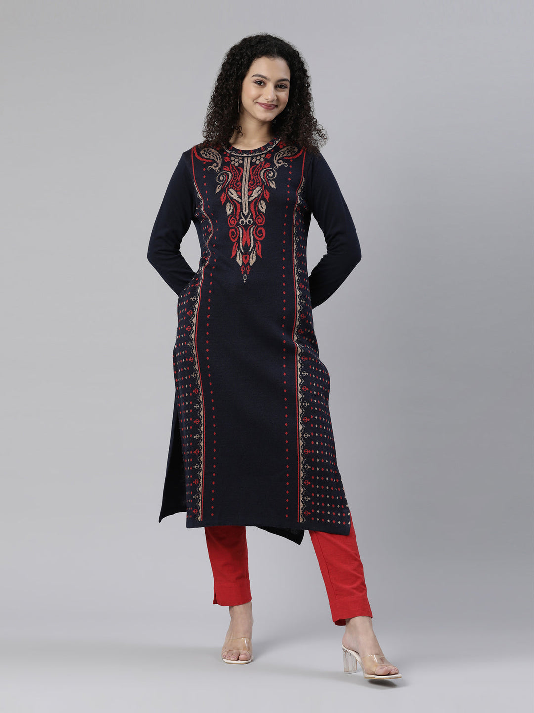 Neerus Blue acrylic woven kurti with ethnic motifs - front view